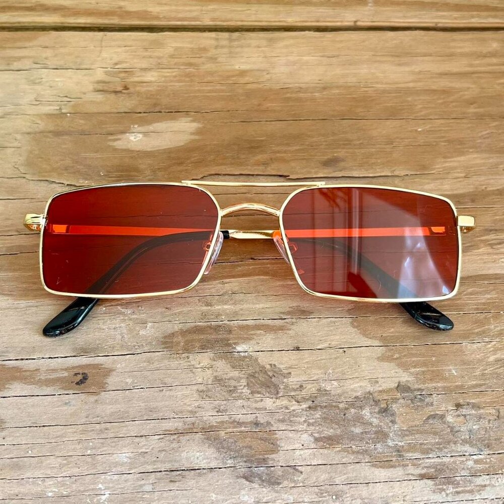 y2k style red classy sporty slim gold trim red lens sunglasses - Picture 7 of 7